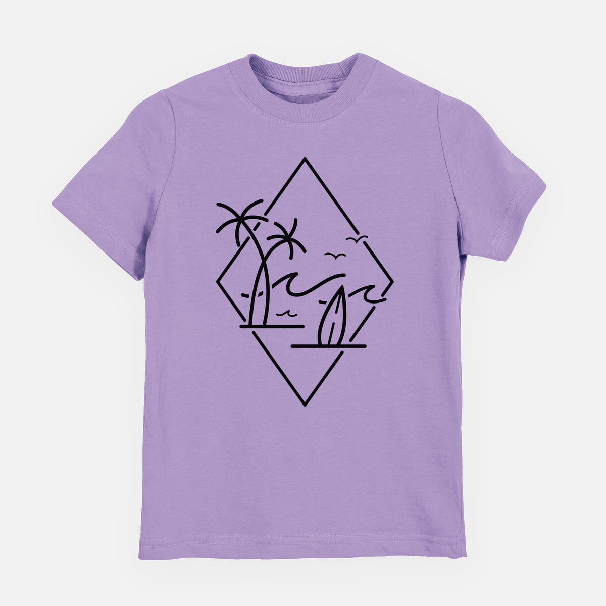 Lavender youth t-shirt laid flat, printed with black line art of palm trees, ocean waves, birds and a surfboard inside a diamond outline.