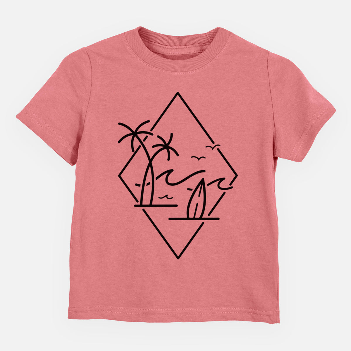 Mauve pink toddler t-shirt laid flat, printed with black line art of palm trees, ocean waves, birds and a surfboard inside a diamond outline.