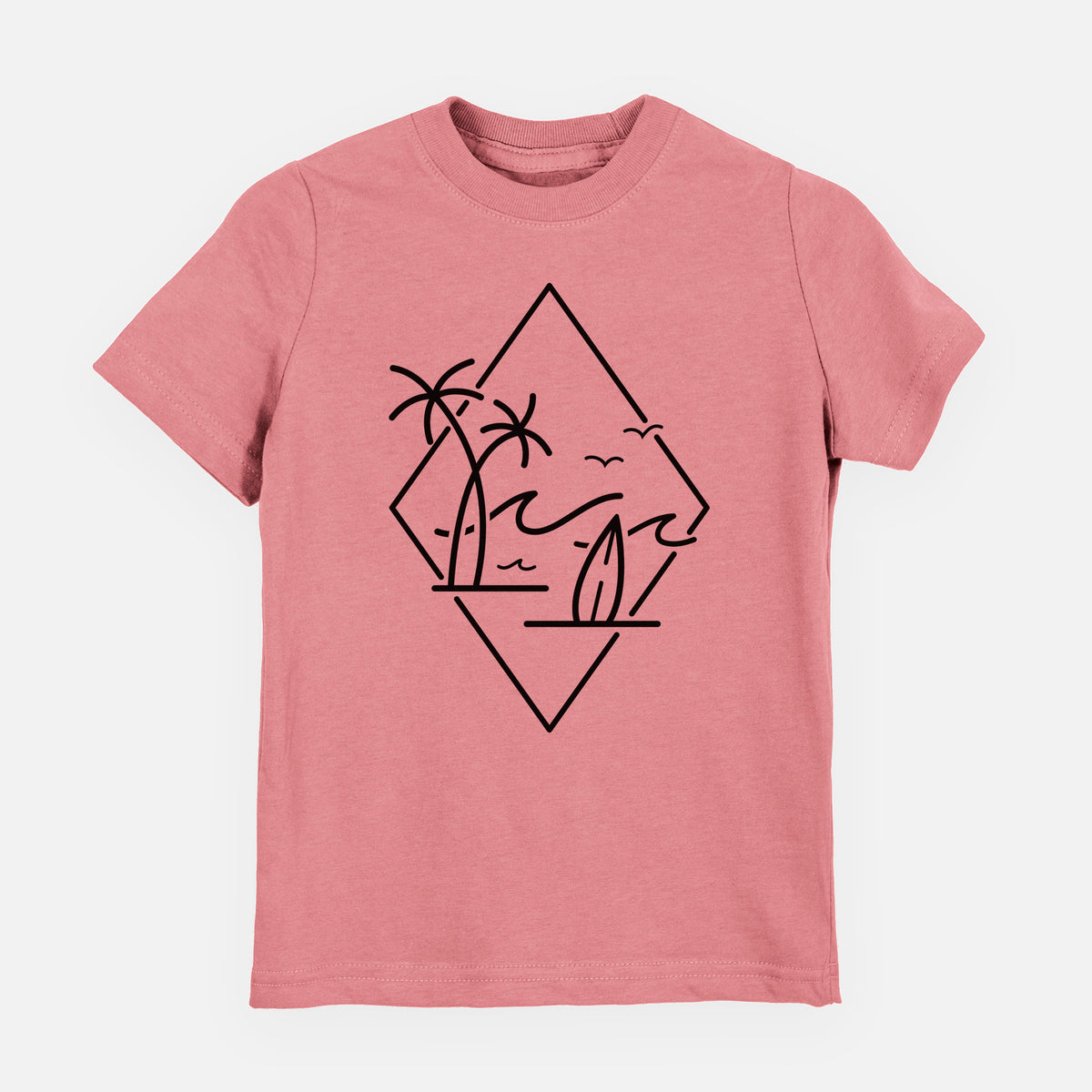 Mauve pink youth t-shirt laid flat, printed with black line art of palm trees, ocean waves, birds and a surfboard inside a diamond outline.