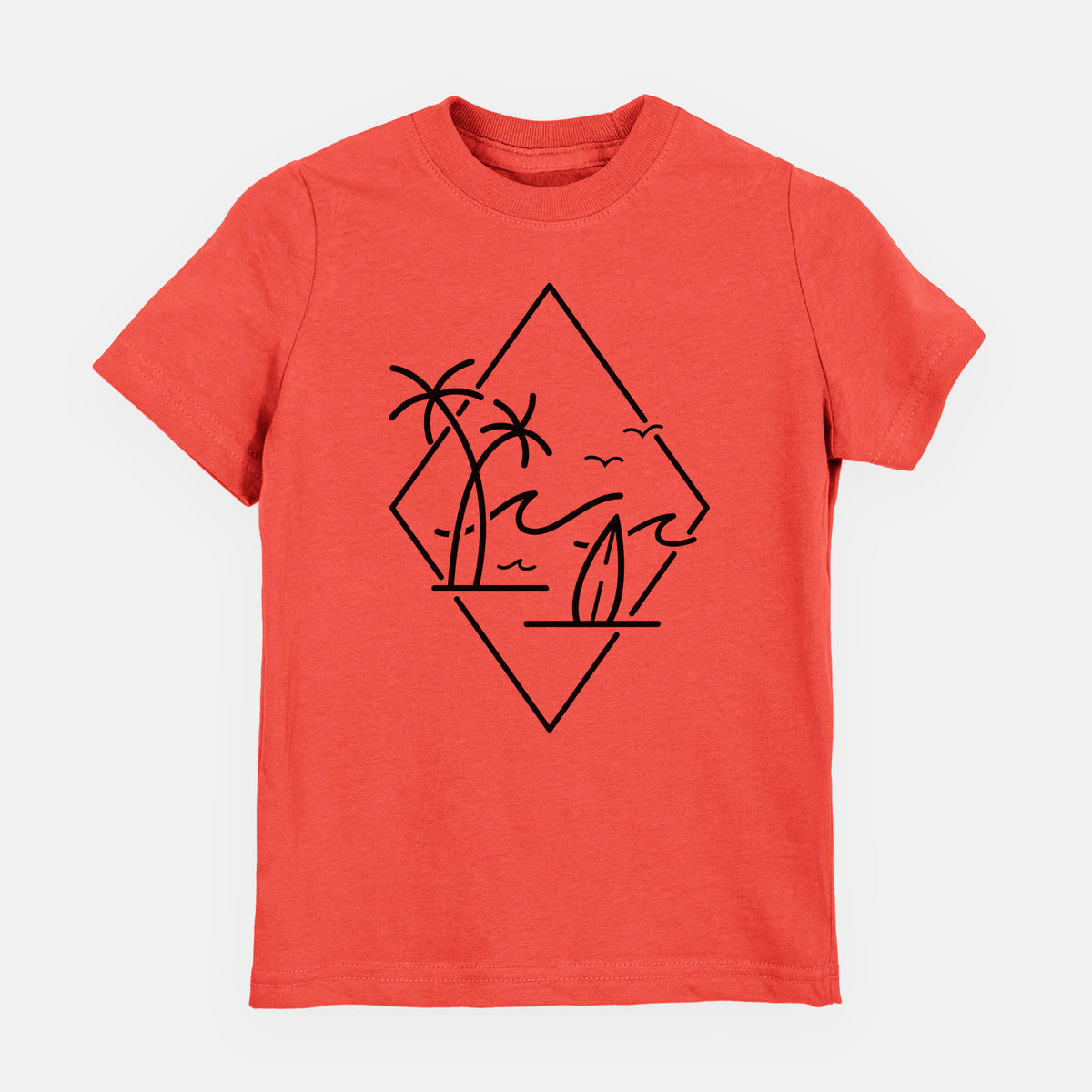 Passionfruit pink youth t-shirt laid flat, printed with black line art of palm trees, ocean waves, birds and a surfboard inside a diamond outline.