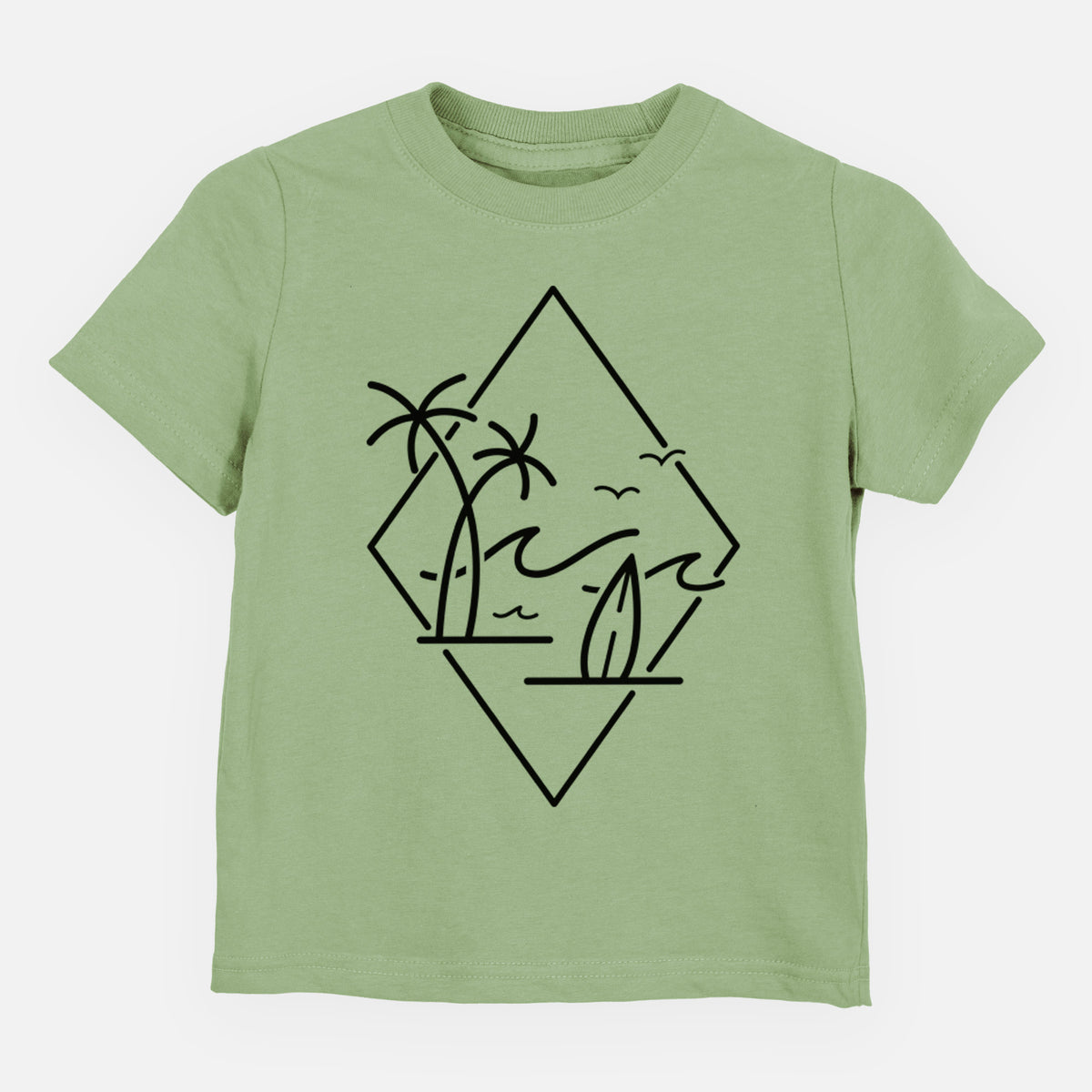 Sage green toddler t-shirt laid flat, printed with black line art of palm trees, ocean waves, birds and a surfboard inside a diamond outline.