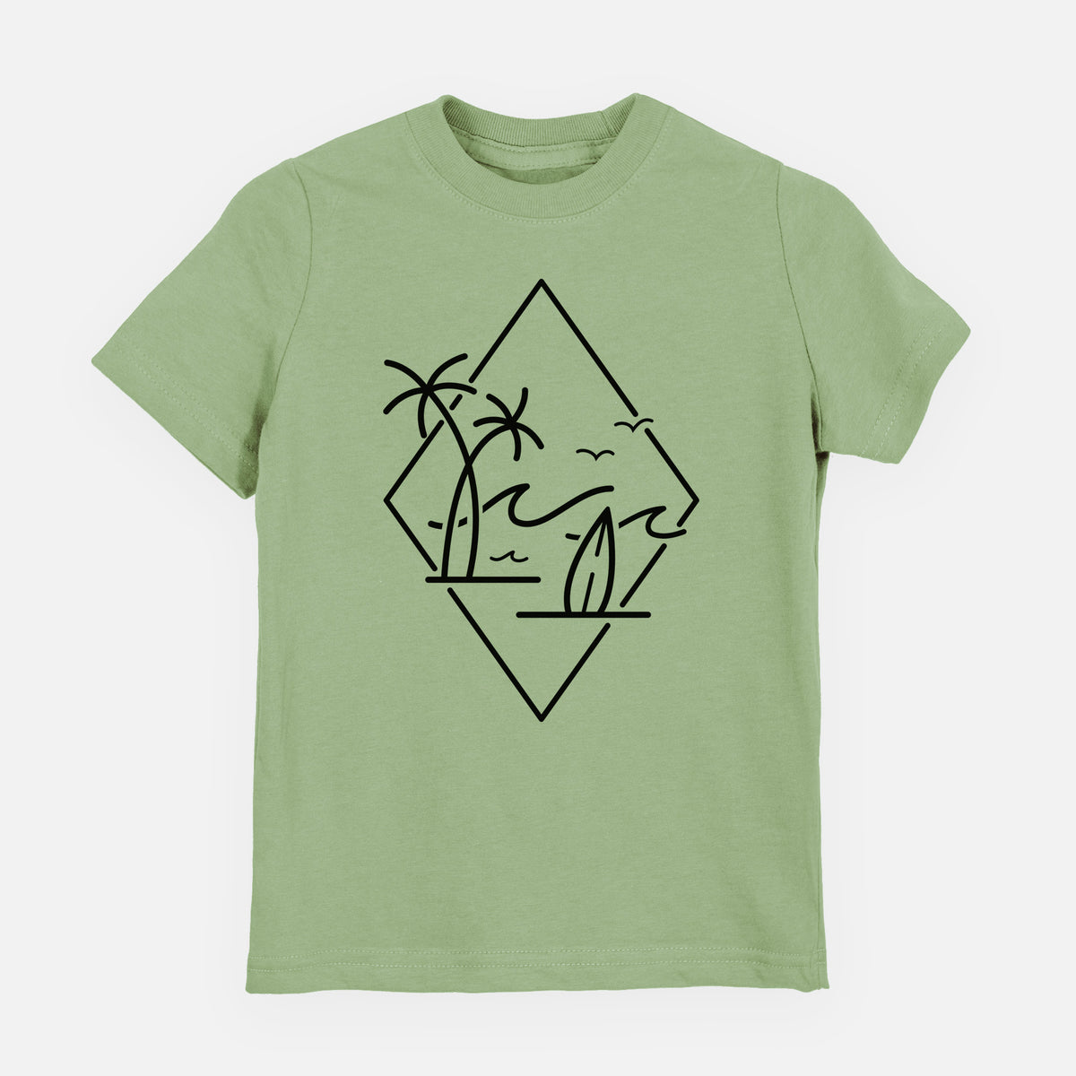 Sage green youth t-shirt laid flat, printed with black line art of palm trees, ocean waves, birds and a surfboard inside a diamond outline.