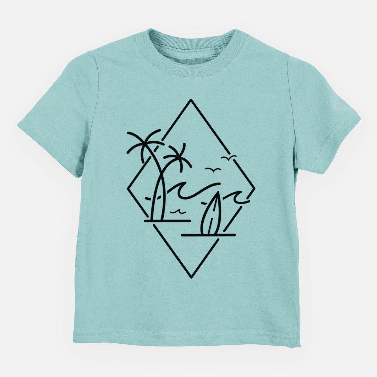 Saltwater toddler t-shirt laid flat, printed with black line art of palm trees, ocean waves, birds and a surfboard inside a diamond outline.