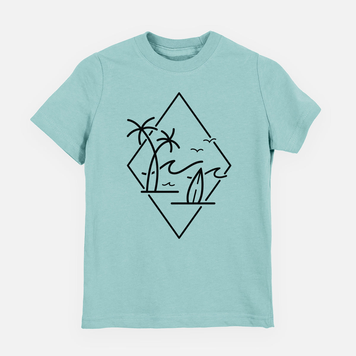 Saltwater youth t-shirt laid flat, printed with black line art of palm trees, ocean waves, birds and a surfboard inside a diamond outline.