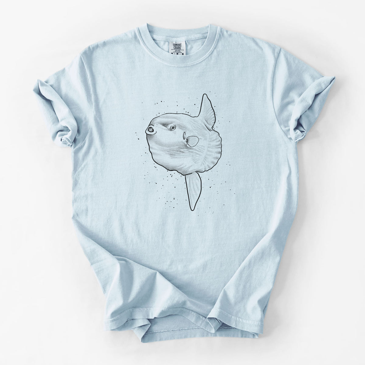 Chambray blue Comfort Colors t-shirt laid flat, printed with a black ink illustration of an ocean sunfish swimming.