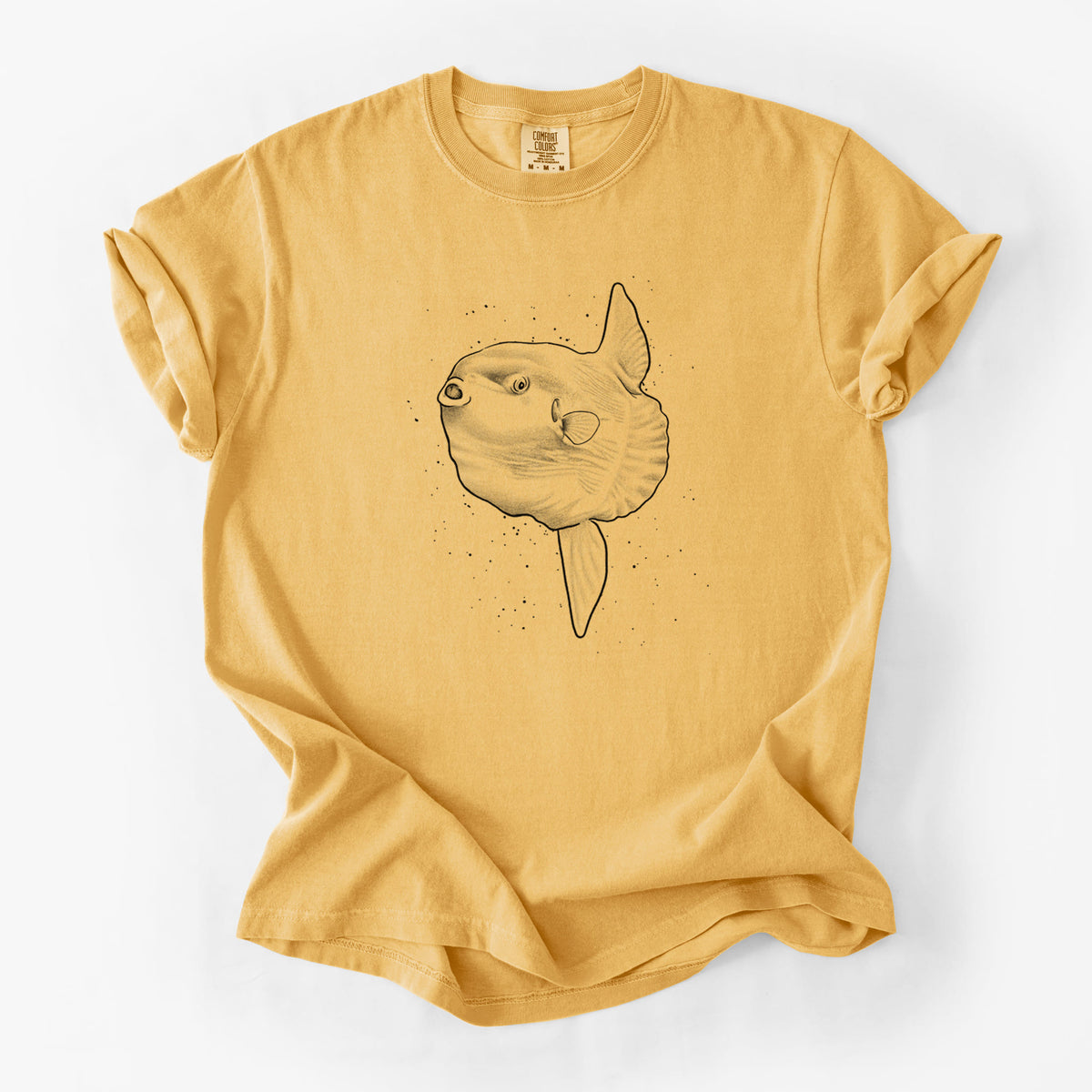 Golden wheat yellow Comfort Colors t-shirt laid flat, printed with a black ink illustration of an ocean sunfish swimming.