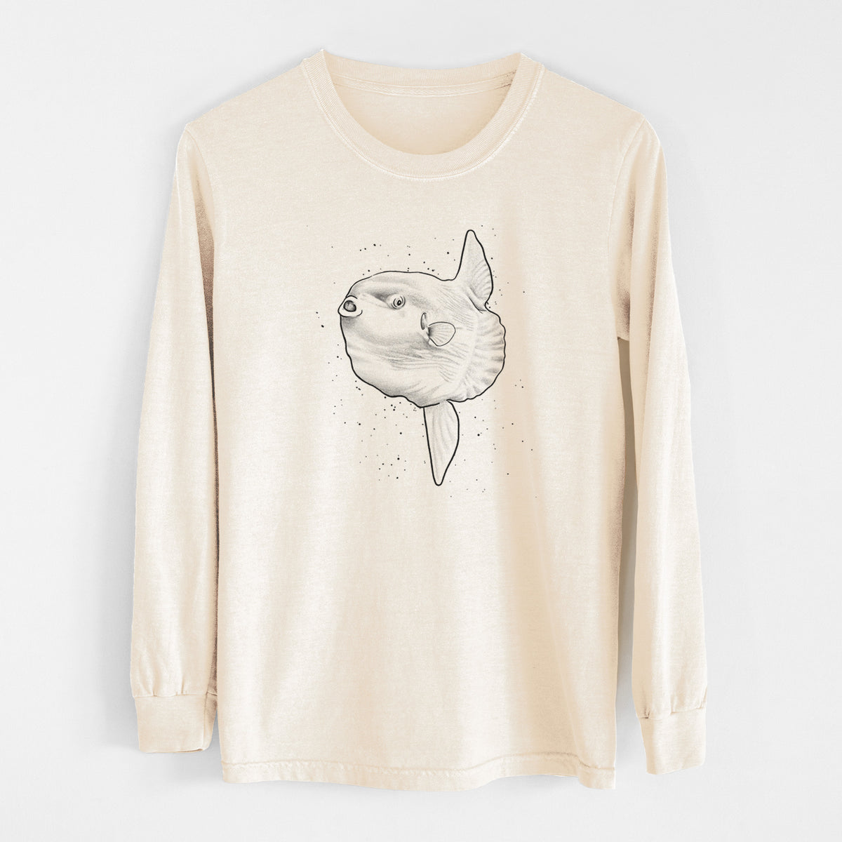 Ivory Comfort Colors long sleeve shirt laid flat, printed with a black ink illustration of an ocean sunfish swimming.
