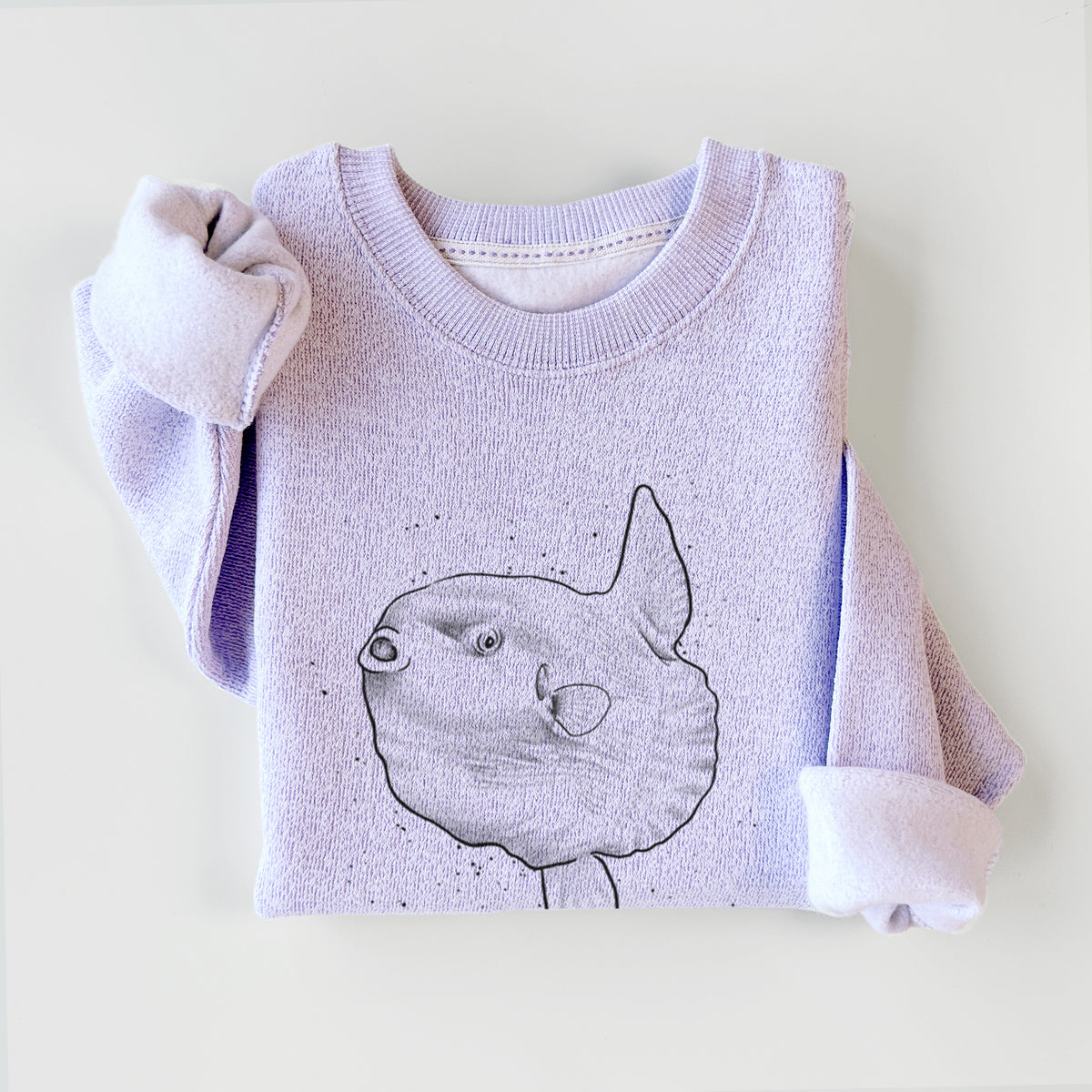 Ice purple knit sweatshirt printed with a black ink illustration of an ocean sunfish swimming, styled flat.