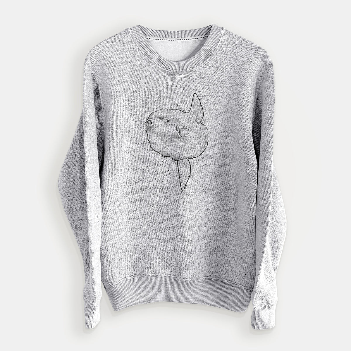 Salt and pepper knit sweatshirt laid flat, printed with a black ink illustration of an ocean sunfish swimming.