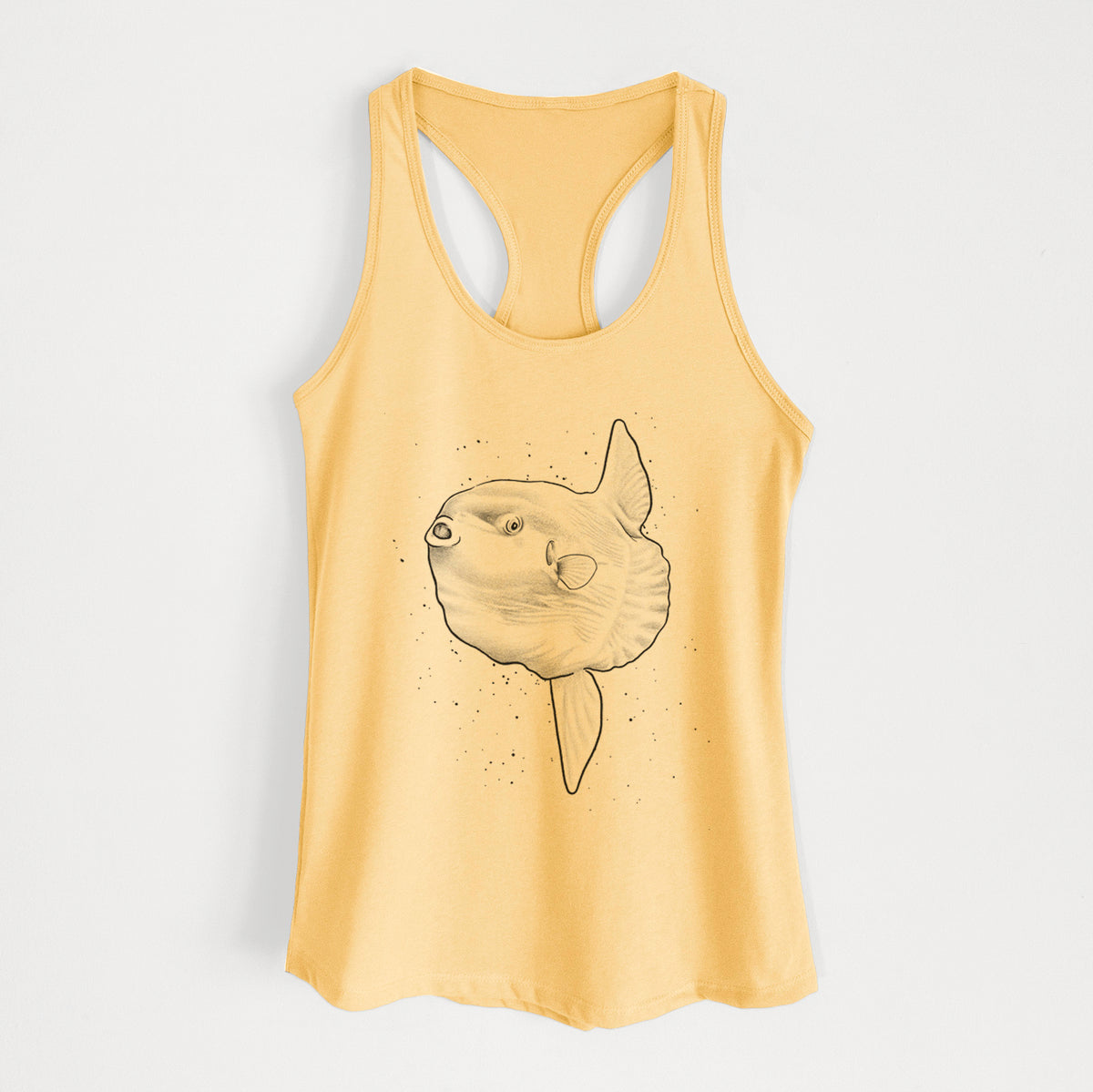 Banana cream women's racerback tank top laid flat, printed with a black ink illustration of an ocean sunfish swimming.