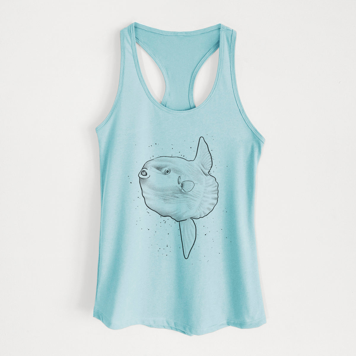 Cancun blue women's racerback tank top laid flat, printed with a black ink illustration of an ocean sunfish swimming.