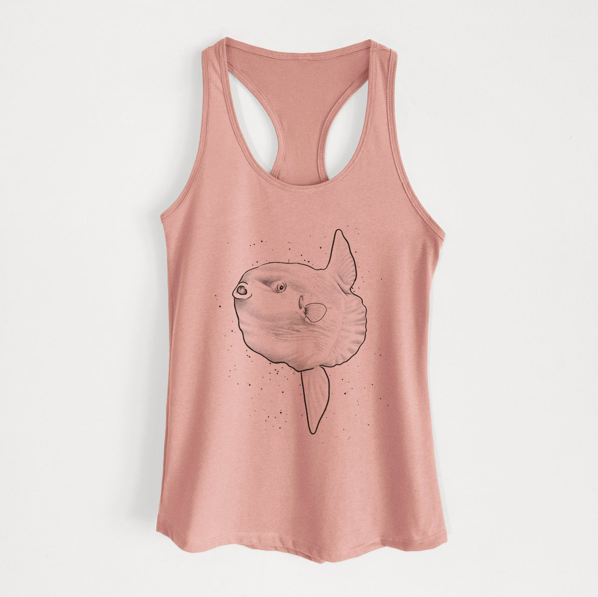 Desert pink women's racerback tank top laid flat, printed with a black ink illustration of an ocean sunfish swimming.