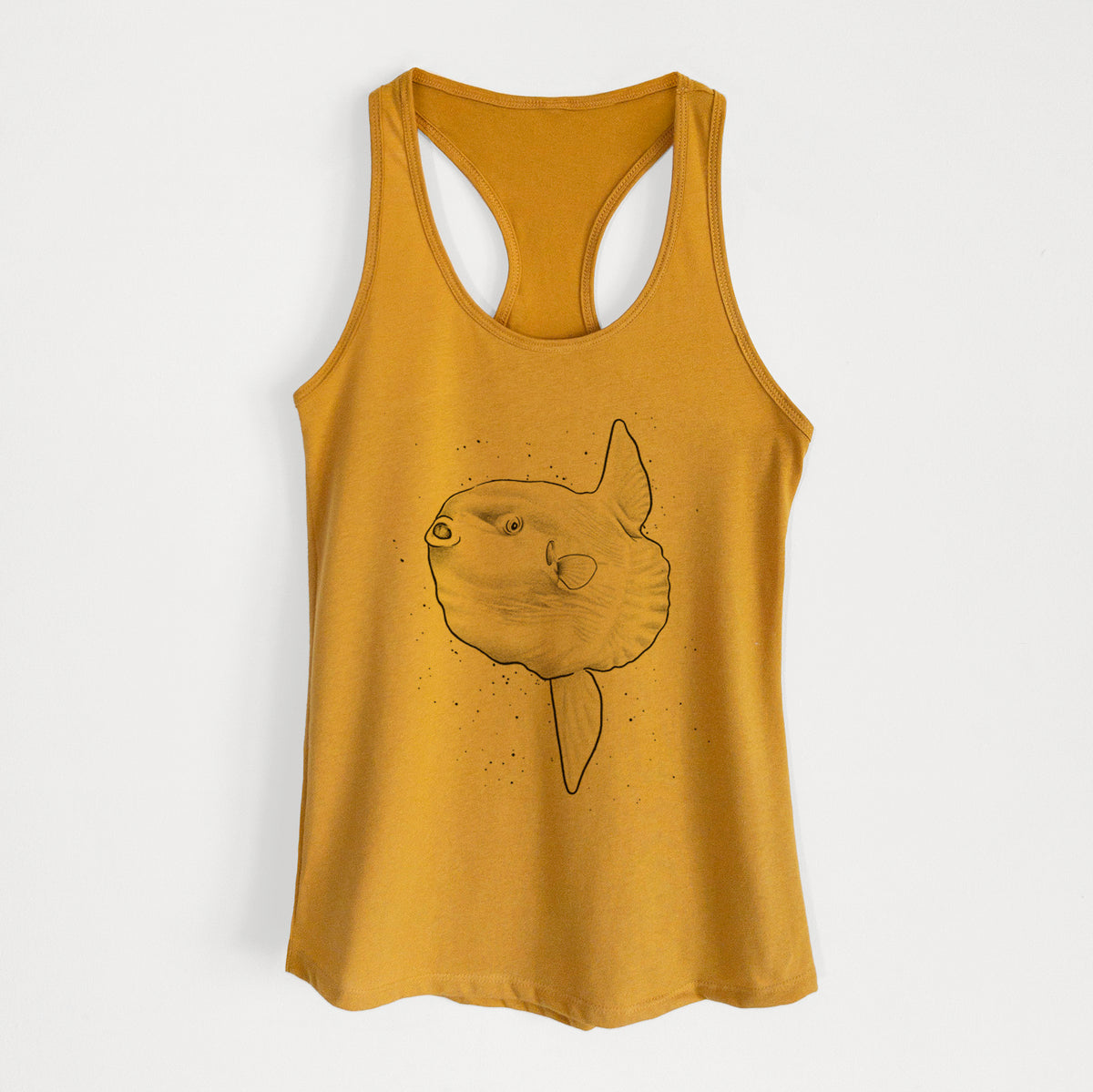 Gold women's racerback tank top laid flat, printed with a black ink illustration of an ocean sunfish swimming.