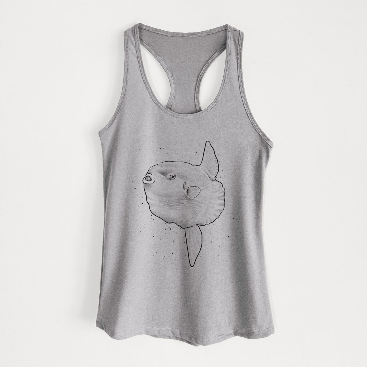 Heather grey women's racerback tank top laid flat, printed with a black ink illustration of an ocean sunfish swimming.