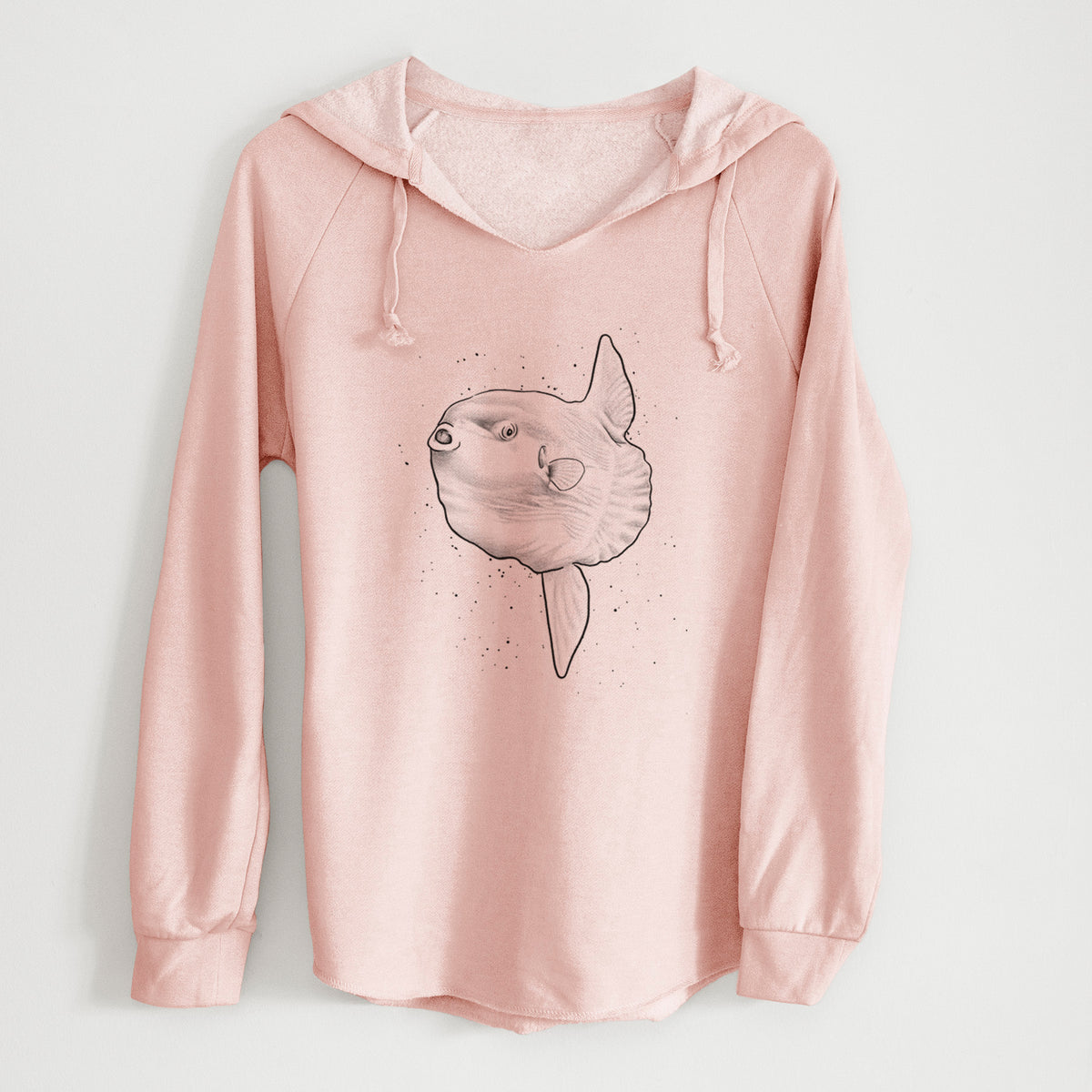 Blush pink women's Cali Wave hooded sweatshirt laid flat, printed with a black ink illustration of an ocean sunfish swimming.