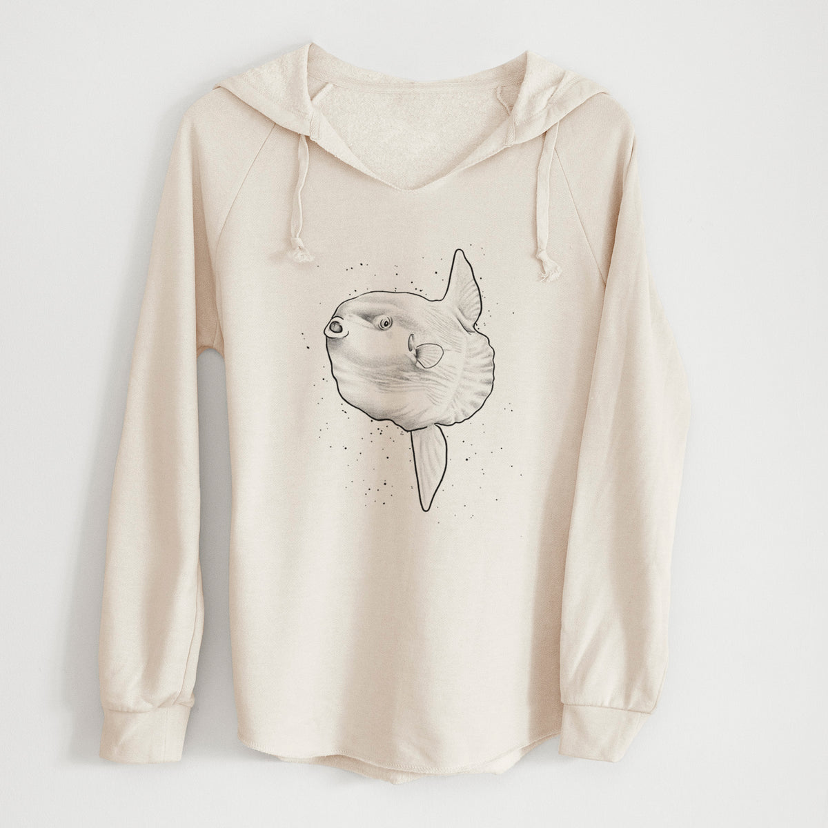 Bone cream women's Cali Wave hooded sweatshirt laid flat, printed with a black ink illustration of an ocean sunfish swimming.
