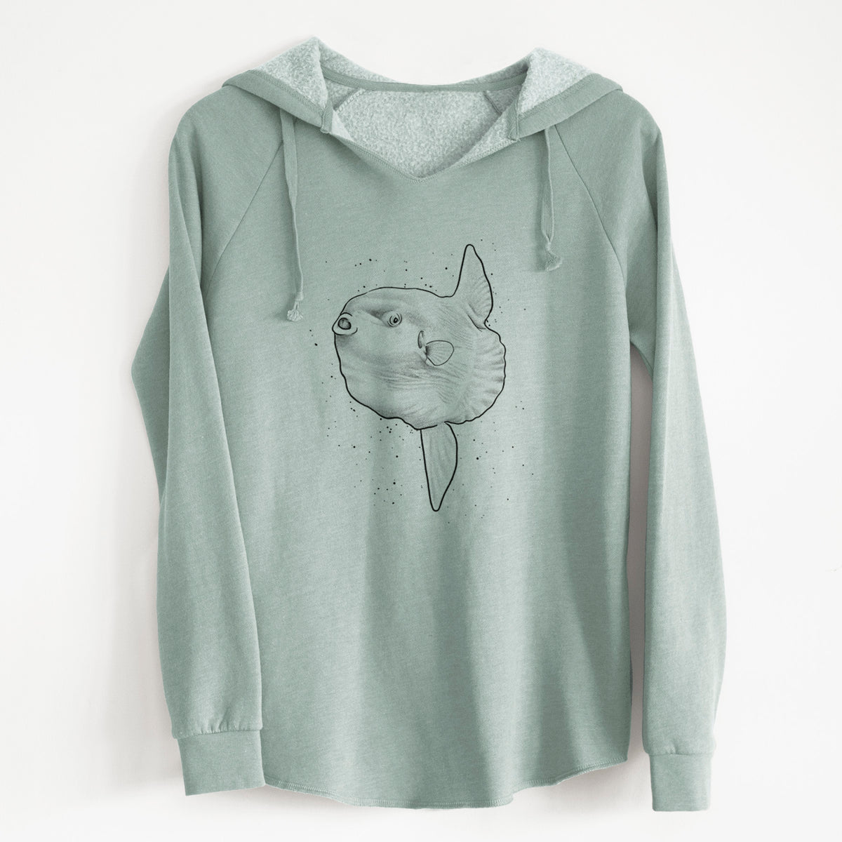 Sage green women's Cali Wave hooded sweatshirt laid flat, printed with a black ink illustration of an ocean sunfish swimming.