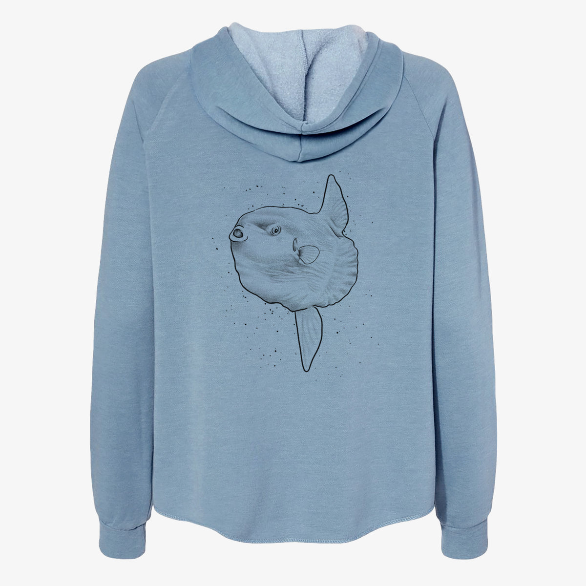 Misty blue women's Cali Wave zip-up sweatshirt laid flat, printed with a black ink illustration of an ocean sunfish swimming.