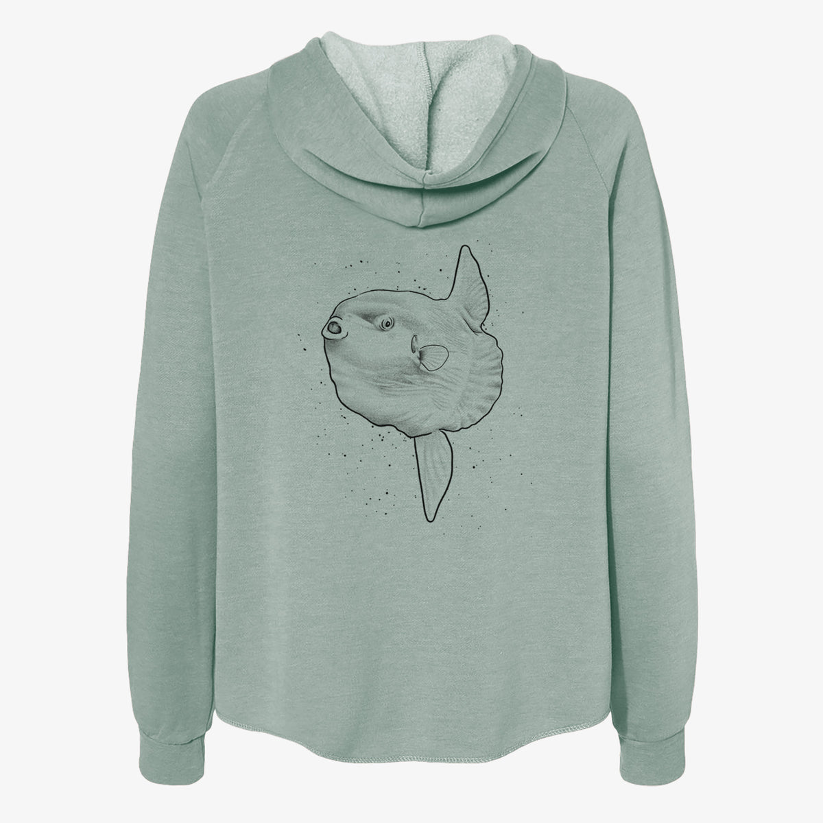 Sage green women's Cali Wave zip-up sweatshirt laid flat, printed with a black ink illustration of an ocean sunfish swimming.