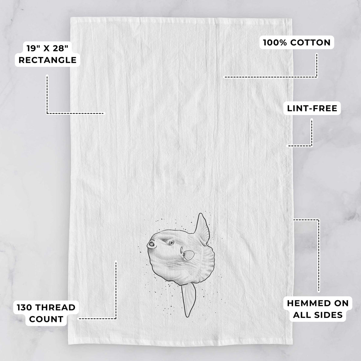 White tea towel printed with a black ink illustration of an ocean sunfish swimming, with feature labels: 19 by 28 inch rectangle, 100% cotton, lint-free, 130 thread count, hemmed on all sides.