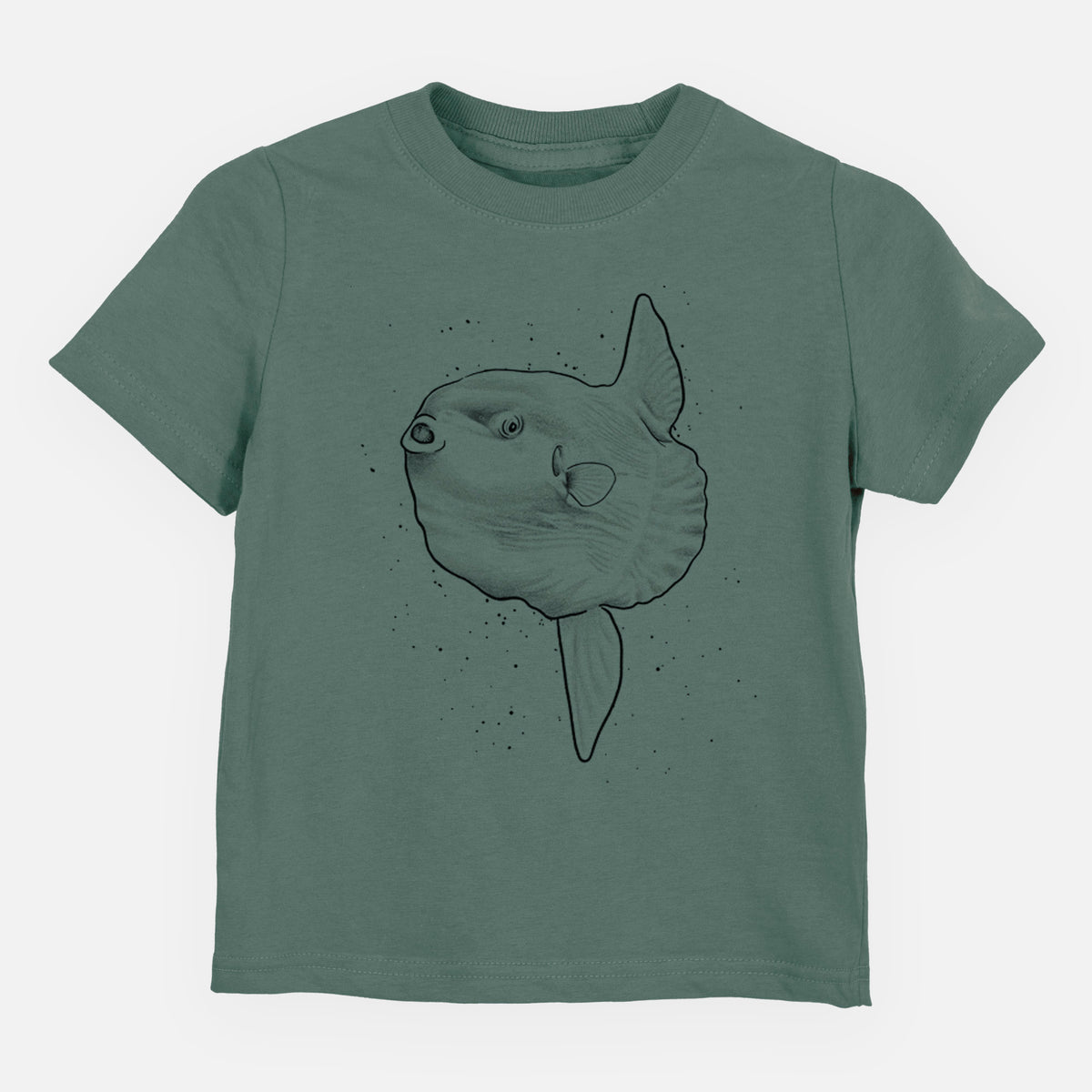 Basil green toddler t-shirt laid flat, printed with a black ink illustration of an ocean sunfish swimming.