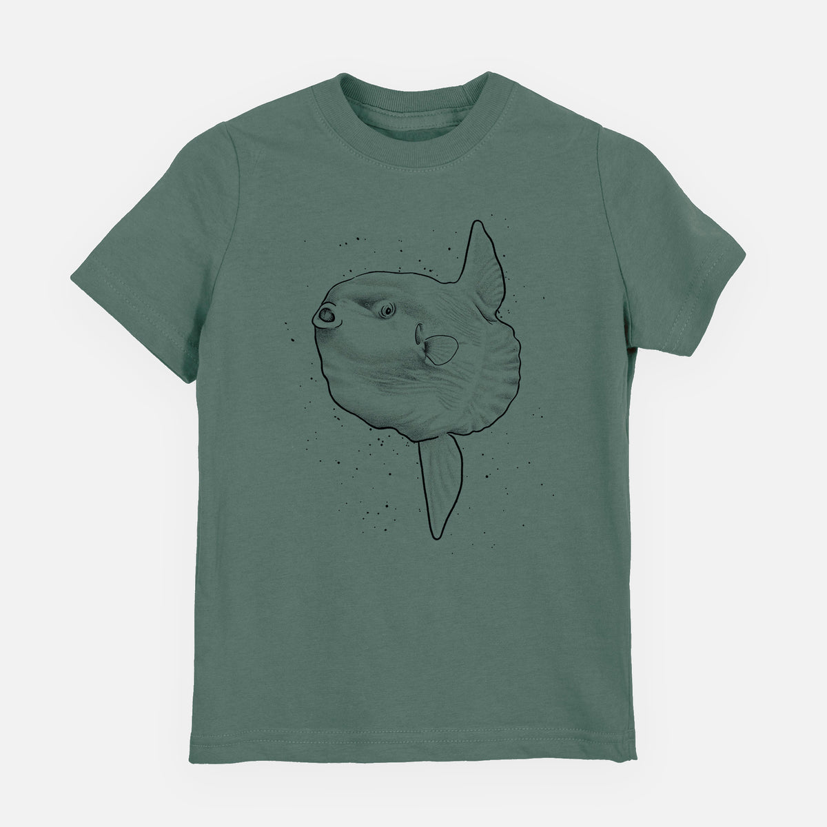 Basil green youth t-shirt laid flat, printed with a black ink illustration of an ocean sunfish swimming.