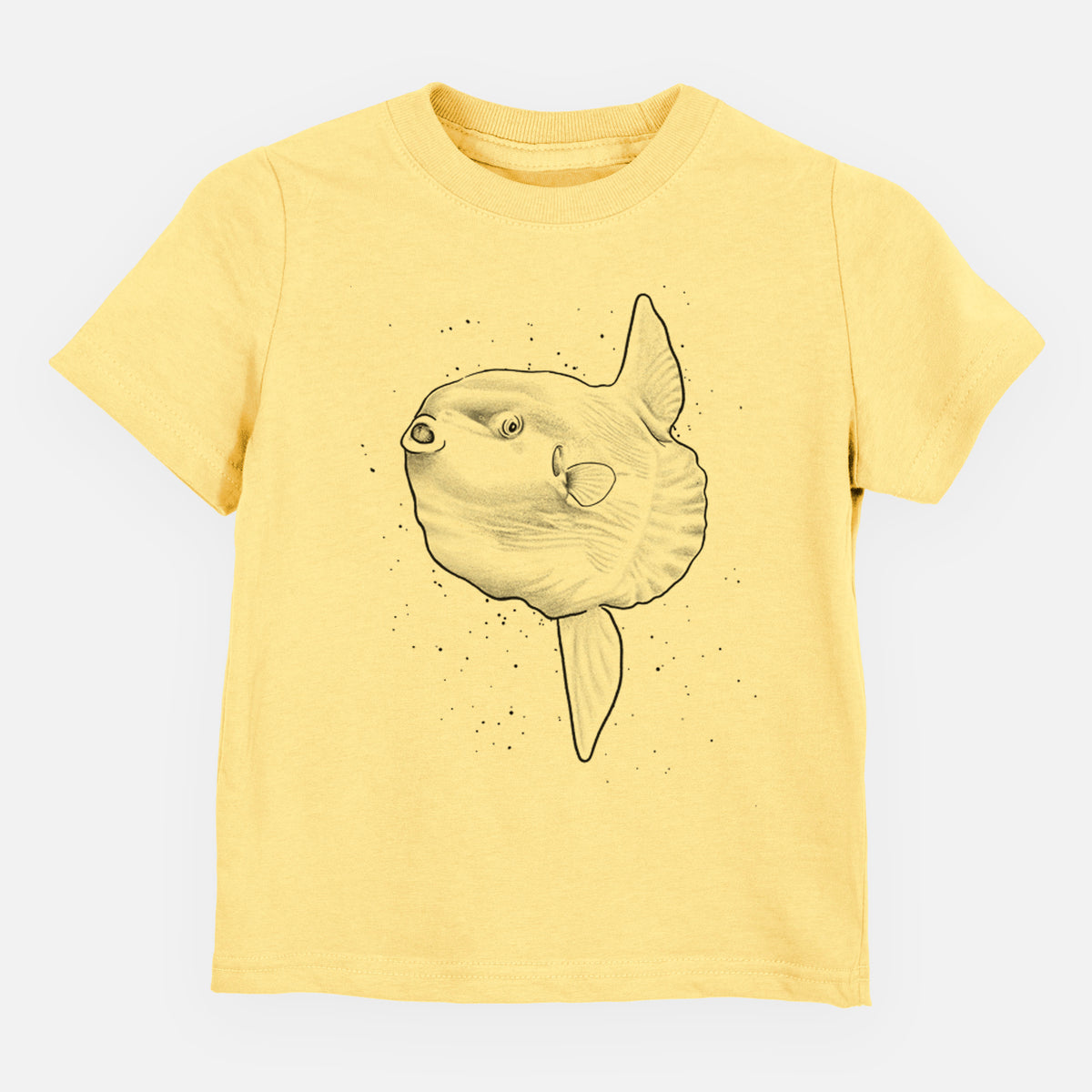 Butter yellow toddler t-shirt laid flat, printed with a black ink illustration of an ocean sunfish swimming.