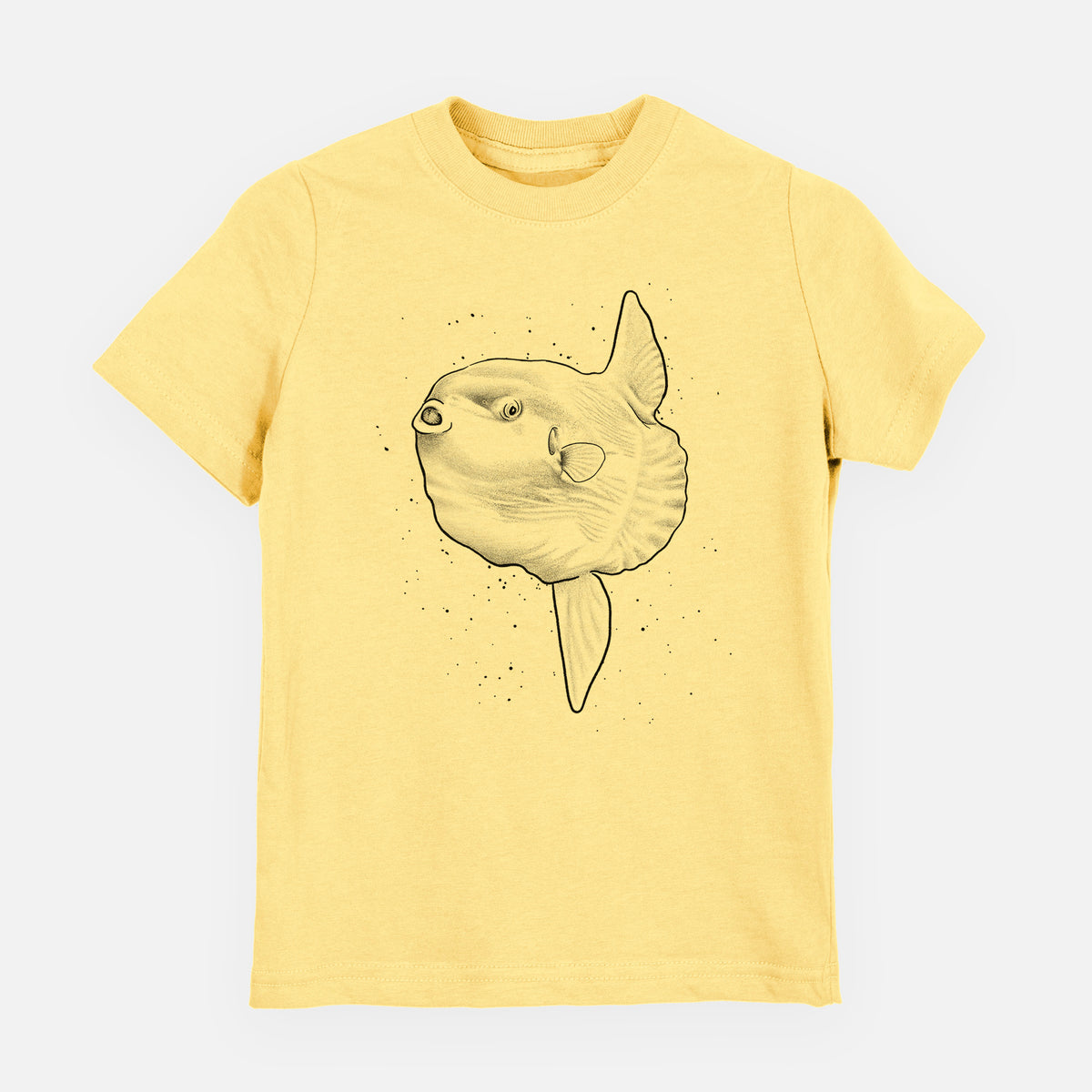 Butter yellow youth t-shirt laid flat, printed with a black ink illustration of an ocean sunfish swimming.