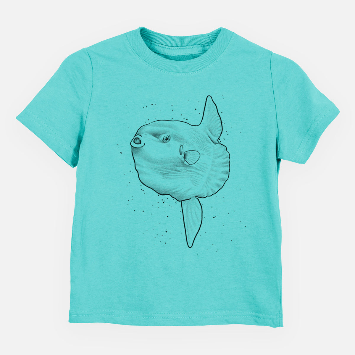 Caribbean blue toddler t-shirt laid flat, printed with a black ink illustration of an ocean sunfish swimming.