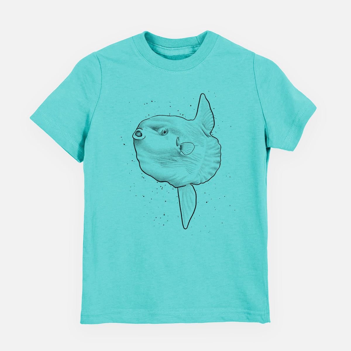 Caribbean blue youth t-shirt laid flat, printed with a black ink illustration of an ocean sunfish swimming.