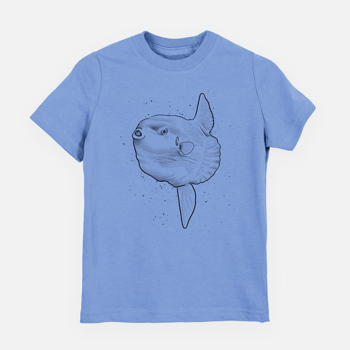 Carolina blue youth t-shirt laid flat, printed with a black ink illustration of an ocean sunfish swimming.