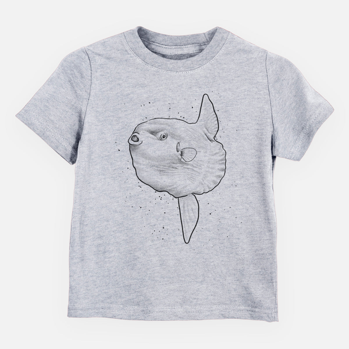Heather grey toddler t-shirt laid flat, printed with a black ink illustration of an ocean sunfish swimming.