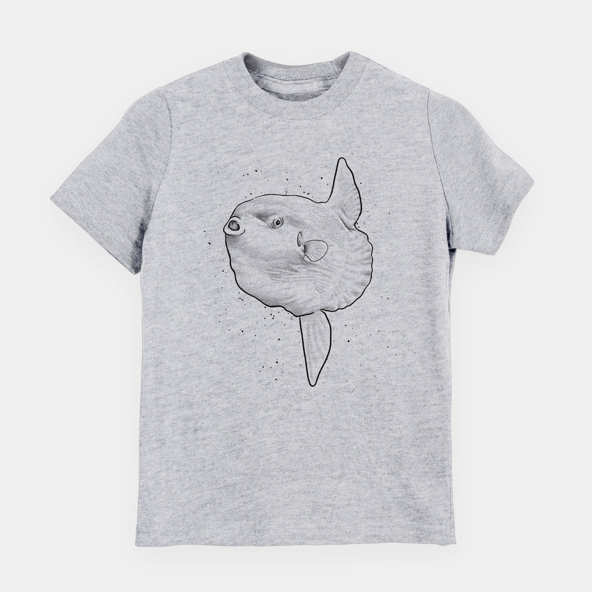 Heather grey youth t-shirt laid flat, printed with a black ink illustration of an ocean sunfish swimming.