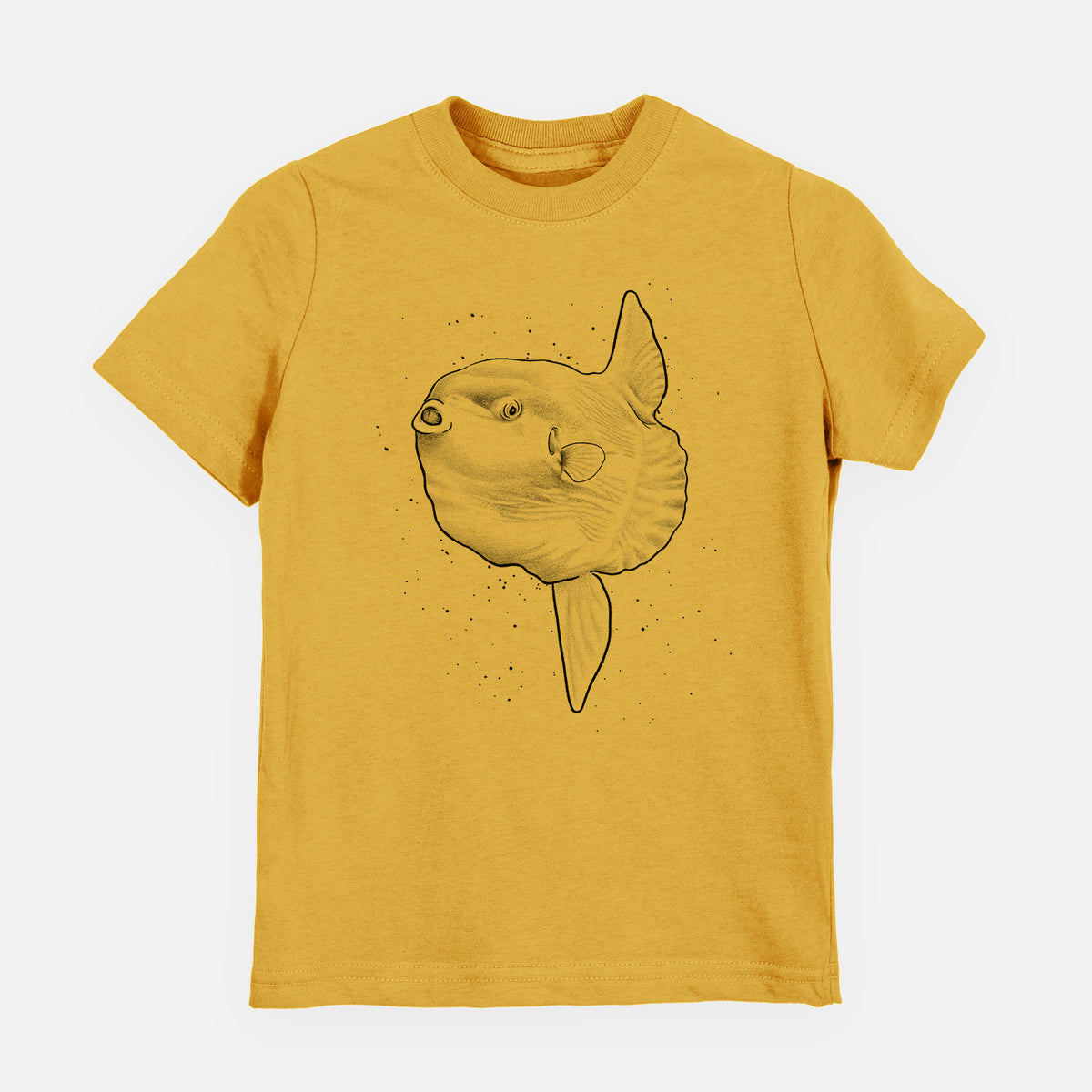 Honeycomb yellow youth t-shirt laid flat, printed with a black ink illustration of an ocean sunfish swimming.