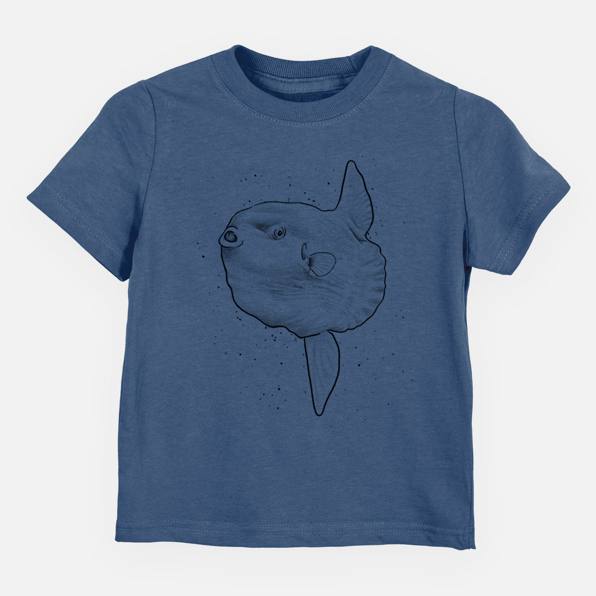 Indigo blue toddler t-shirt laid flat, printed with a black ink illustration of an ocean sunfish swimming.