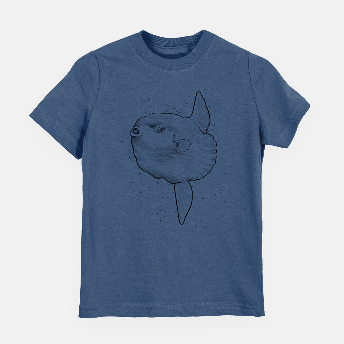 Indigo blue youth t-shirt laid flat, printed with a black ink illustration of an ocean sunfish swimming.