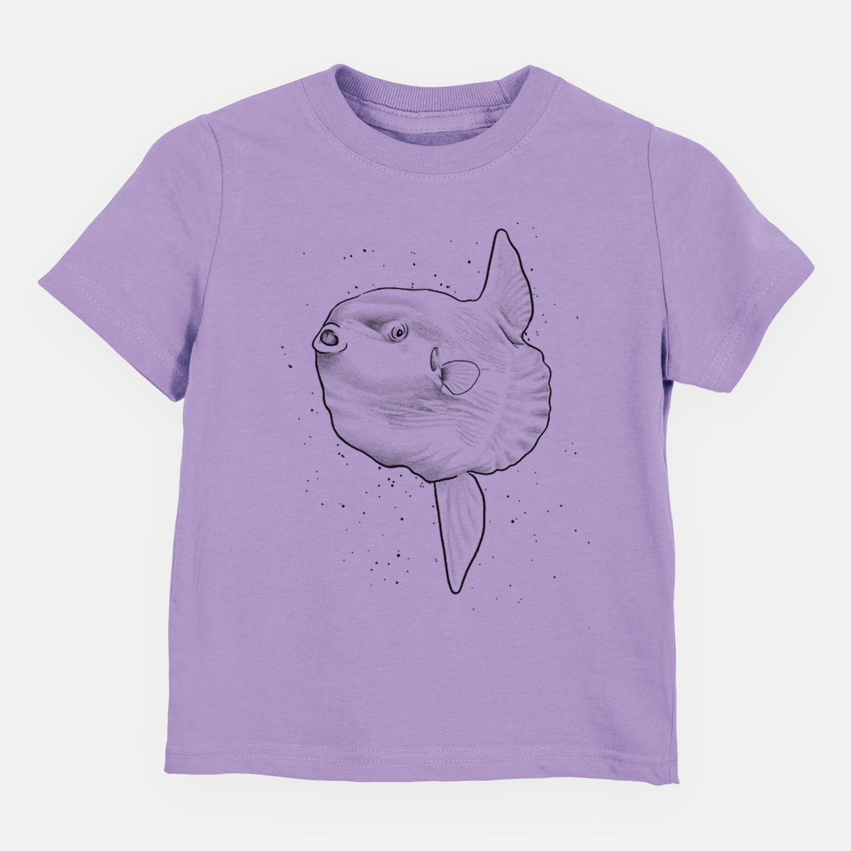 Lavender toddler t-shirt laid flat, printed with a black ink illustration of an ocean sunfish swimming.