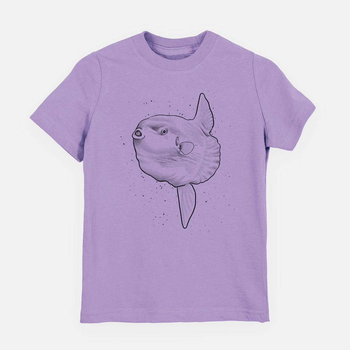 Lavender youth t-shirt laid flat, printed with a black ink illustration of an ocean sunfish swimming.