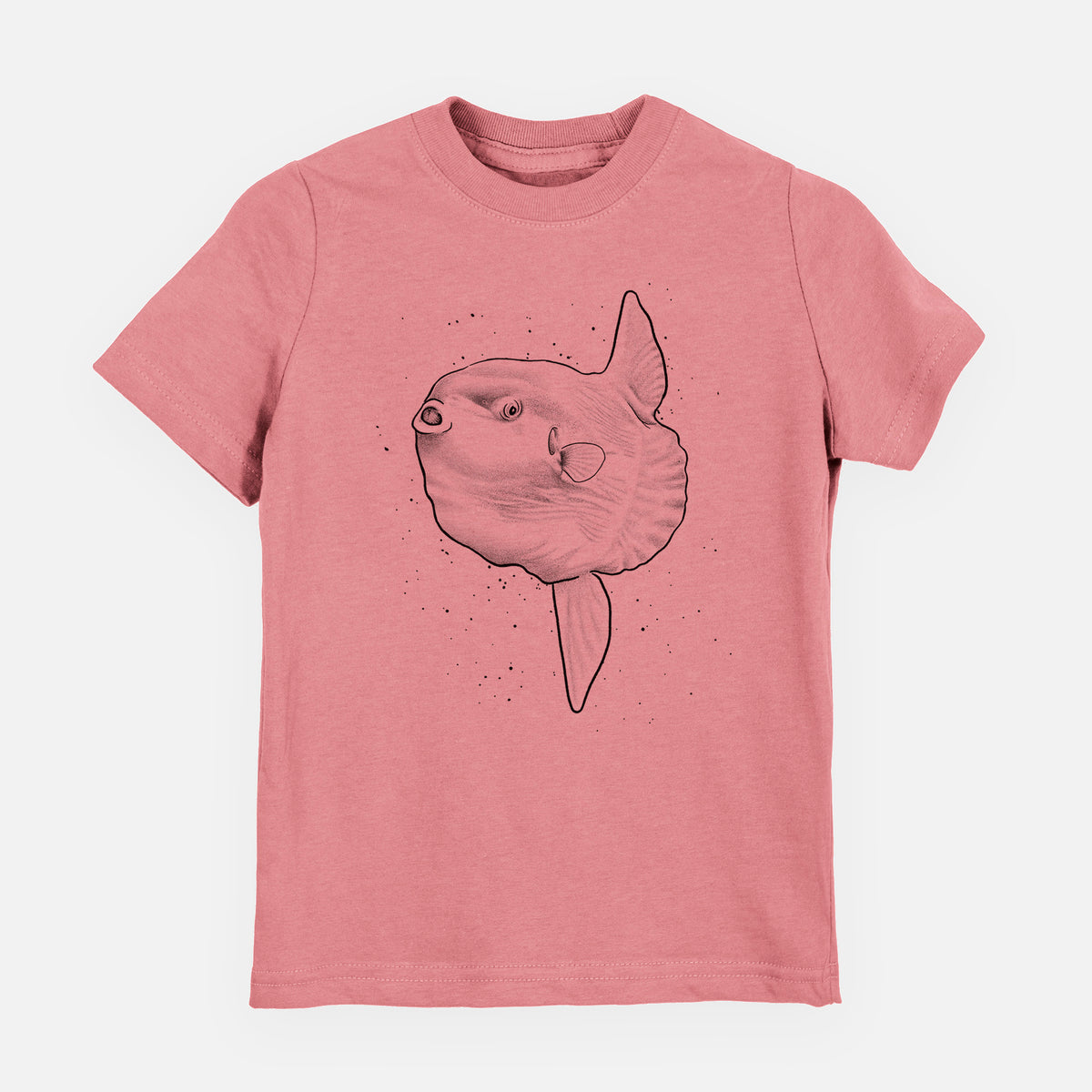 Mauve pink youth t-shirt laid flat, printed with a black ink illustration of an ocean sunfish swimming.
