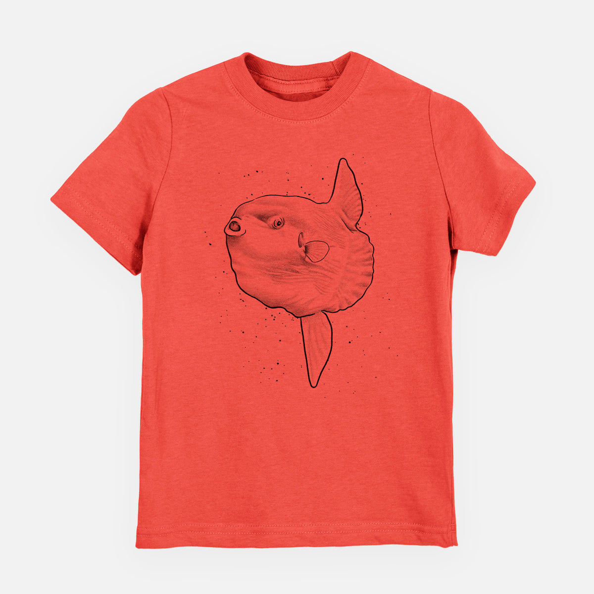 Passionfruit pink youth t-shirt laid flat, printed with a black ink illustration of an ocean sunfish swimming.