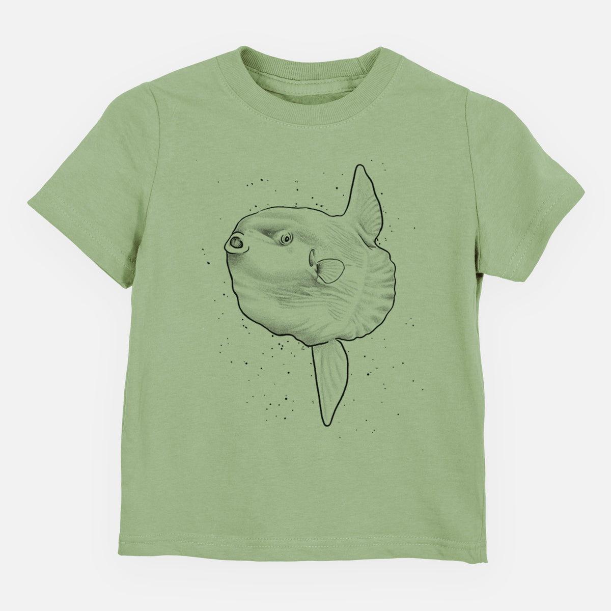 Sage green toddler t-shirt laid flat, printed with a black ink illustration of an ocean sunfish swimming.