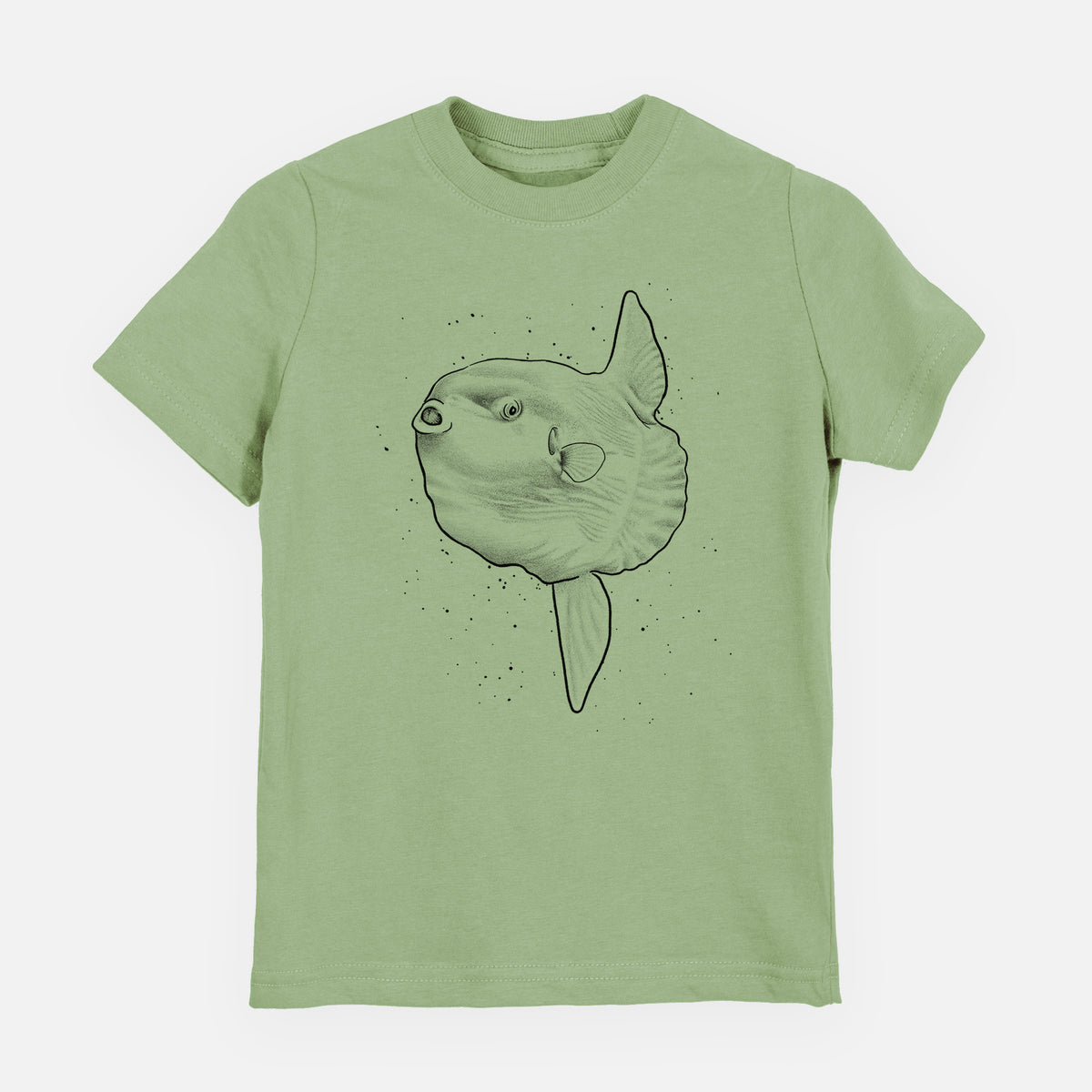 Sage green youth t-shirt laid flat, printed with a black ink illustration of an ocean sunfish swimming.