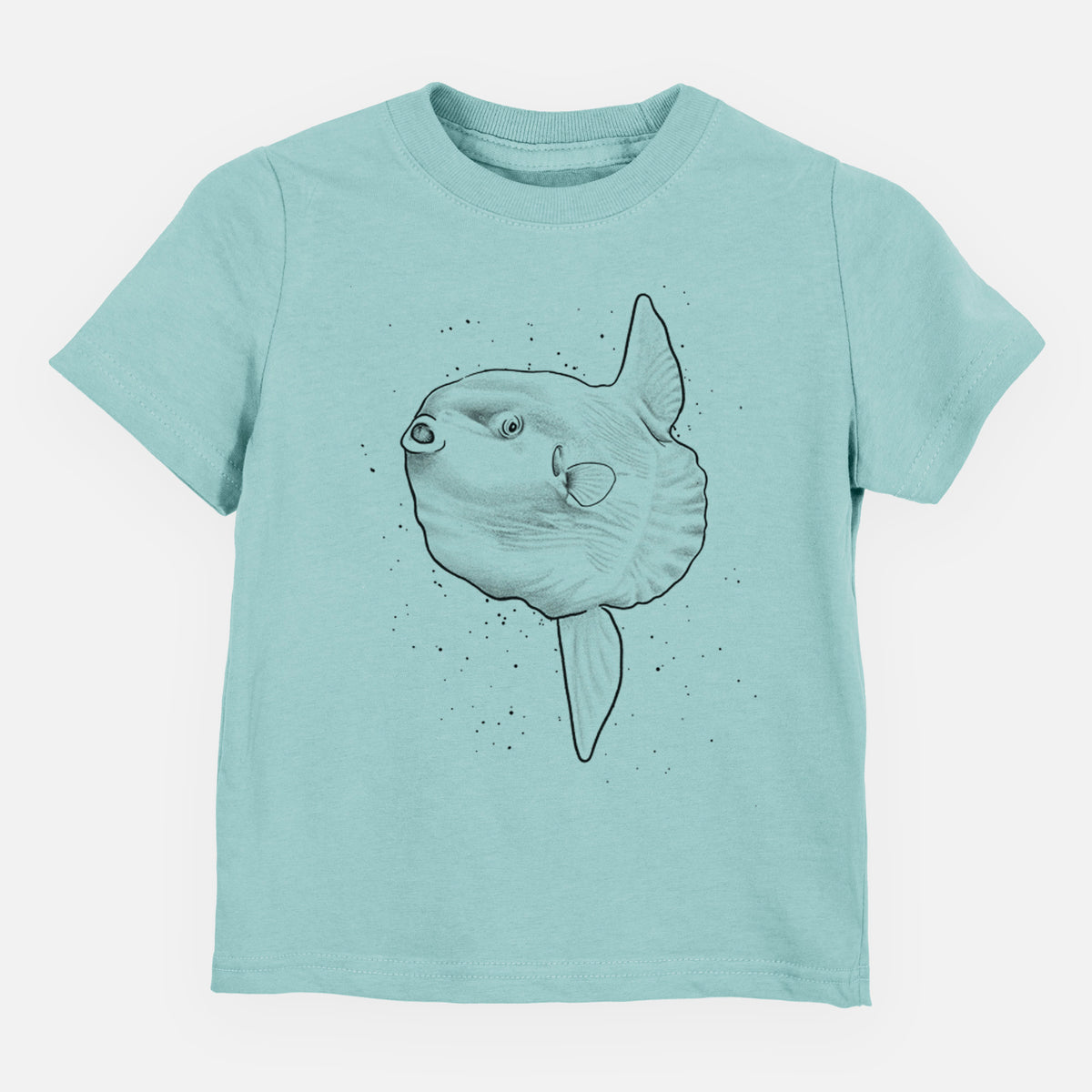 Saltwater toddler t-shirt laid flat, printed with a black ink illustration of an ocean sunfish swimming.
