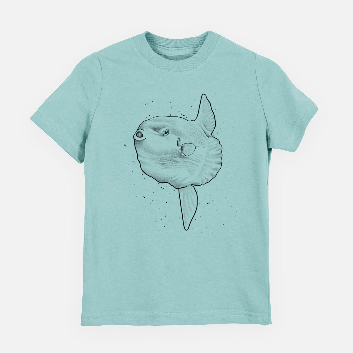 Saltwater youth t-shirt laid flat, printed with a black ink illustration of an ocean sunfish swimming.
