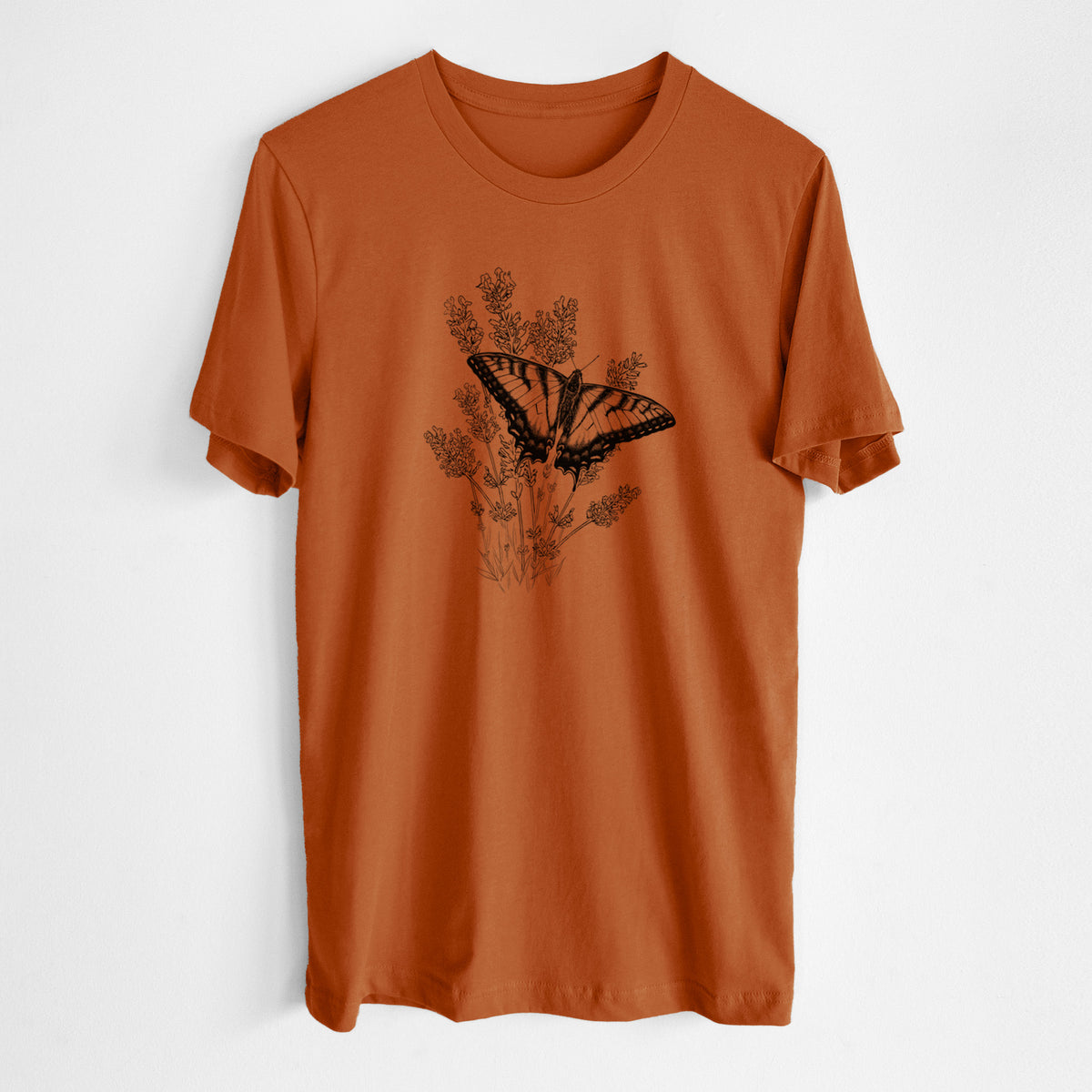 Autumn lightweight cotton t-shirt laid flat, printed with a black ink illustration of a swallowtail butterfly resting on lavender.