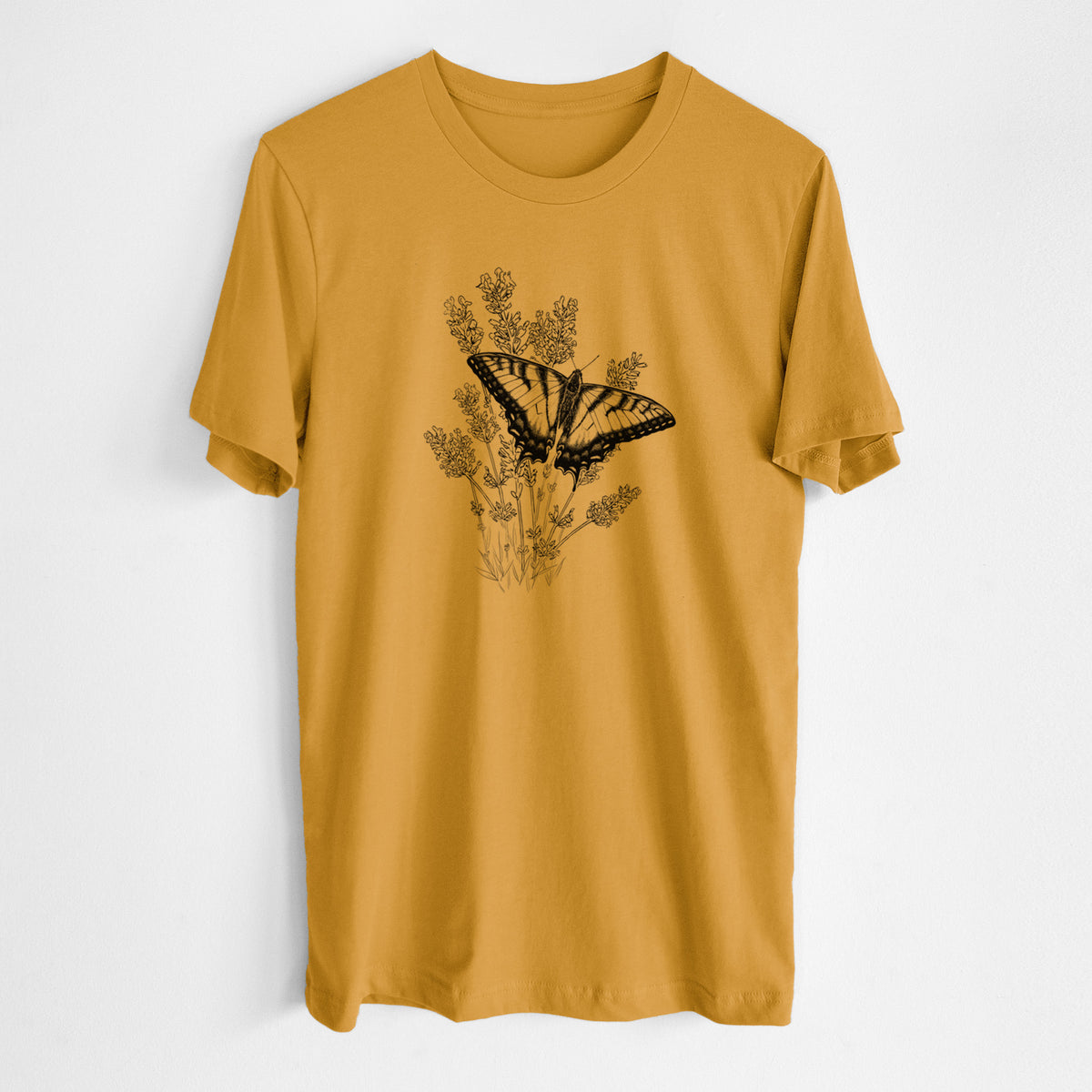 Honeycomb yellow lightweight cotton t-shirt laid flat, printed with a black ink illustration of a swallowtail butterfly resting on lavender.