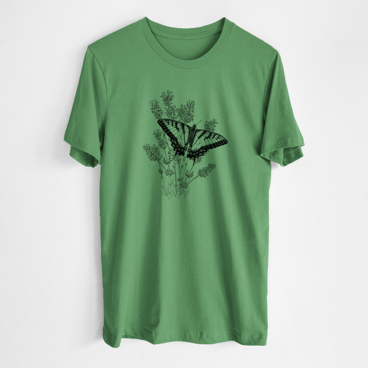 Leaf green lightweight cotton t-shirt laid flat, printed with a black ink illustration of a swallowtail butterfly resting on lavender.
