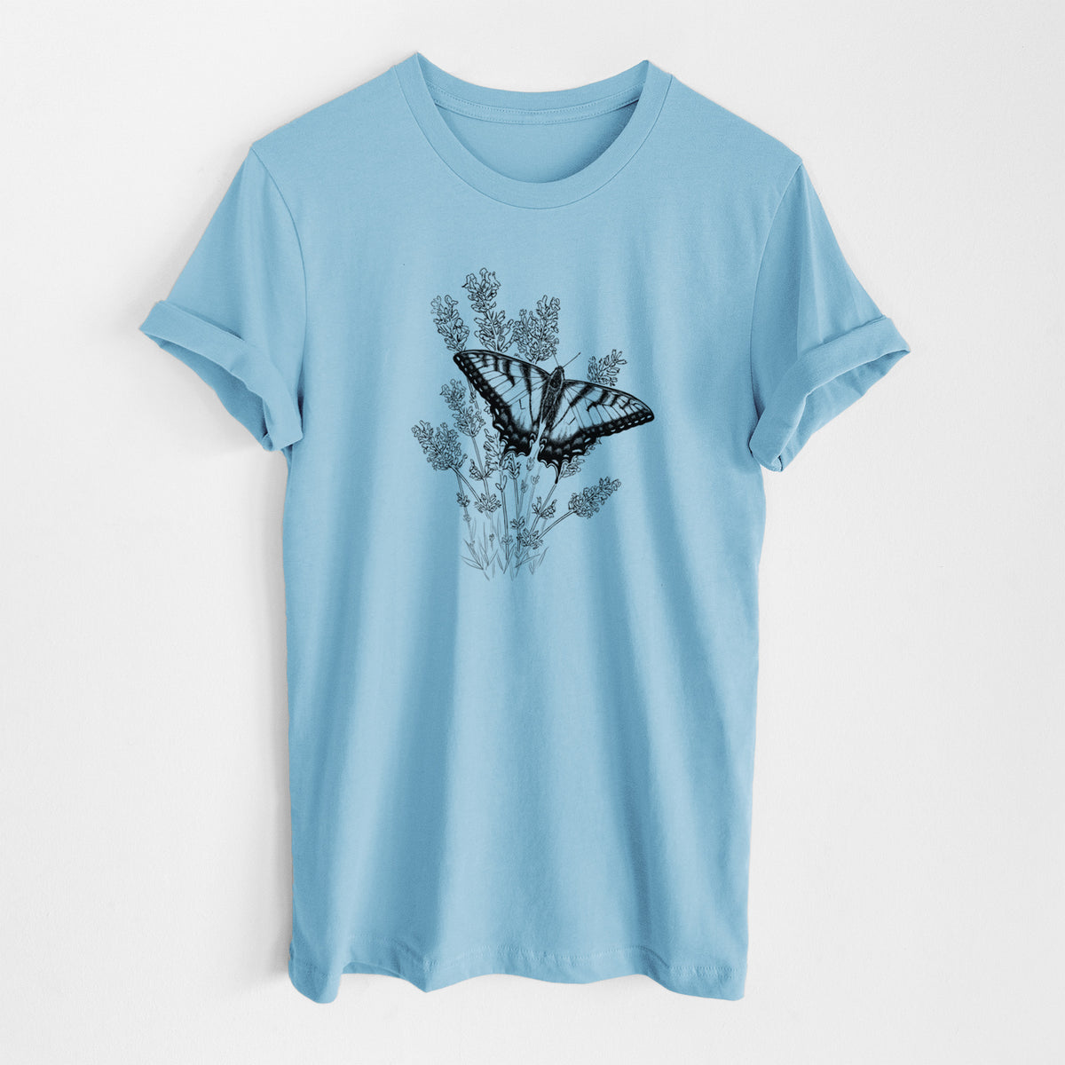 Ocean blue lightweight cotton t-shirt laid flat, printed with a black ink illustration of a swallowtail butterfly resting on lavender.