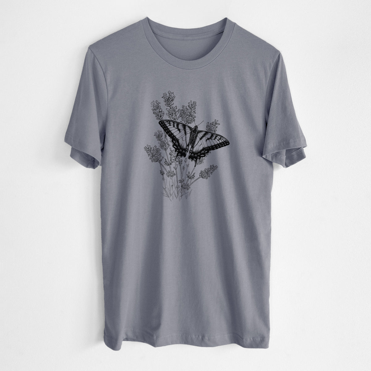 Storm grey lightweight cotton t-shirt laid flat, printed with a black ink illustration of a swallowtail butterfly resting on lavender.