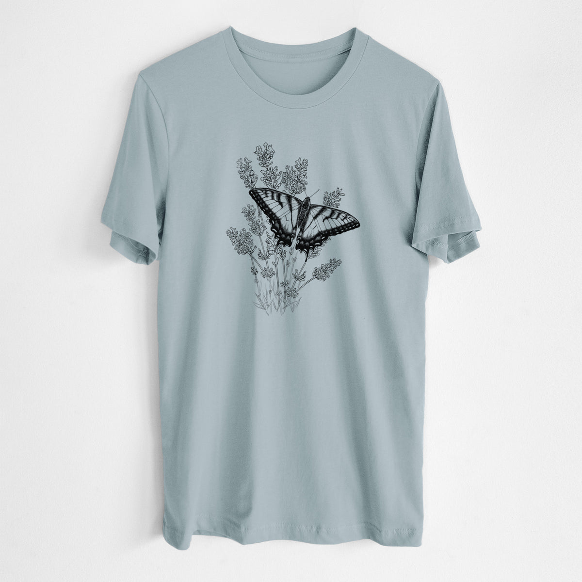Vintage denim lightweight cotton t-shirt laid flat, printed with a black ink illustration of a swallowtail butterfly resting on lavender.